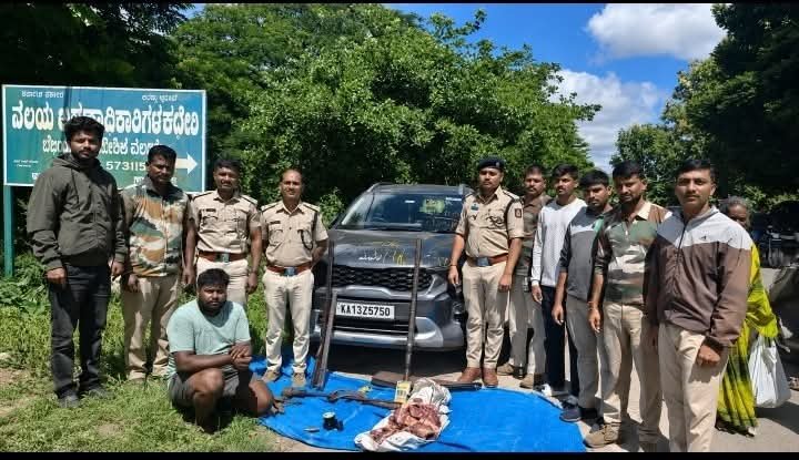 ಬೇಲೂರು: ಕಾಡು ಹಂದಿ ಬೇಟೆಯಾಡಿ ಮಾಂಸ ಮಾರುತ್ತಿದ್ದ ಖದೀಮ ಅರಣ್ಯ ಇಲಾಖೆ ಬಲೆಗೆ; ಗನ್, ಕಾರು ಜಪ್ತಿ